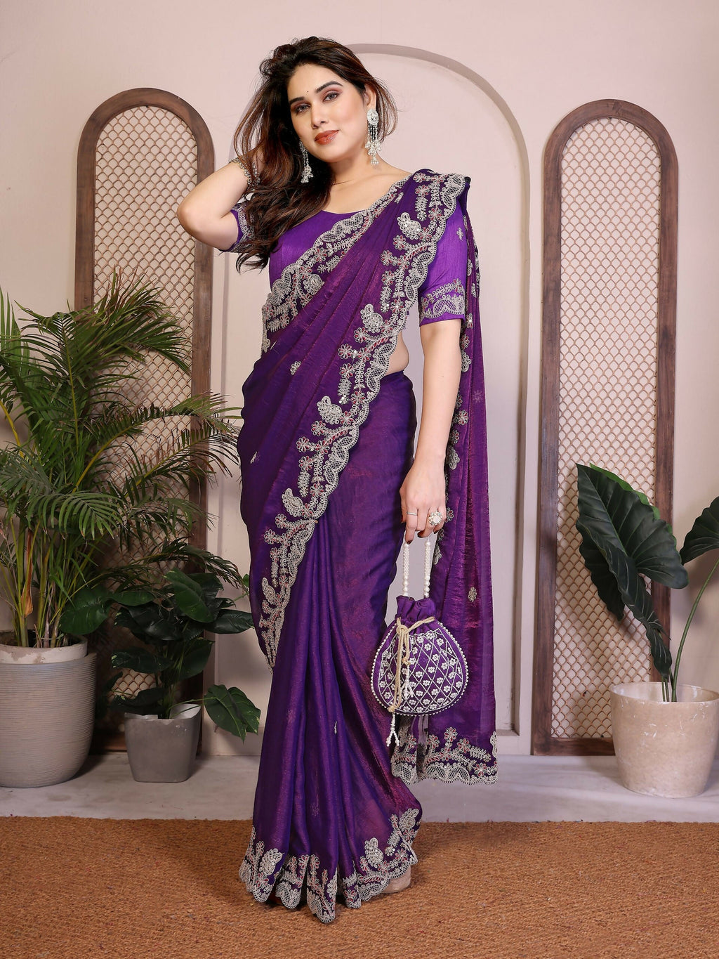 Teeya Creation New Womens Latest Party Wear Soft Chiffon Silk Saree-Purple | Grocsy