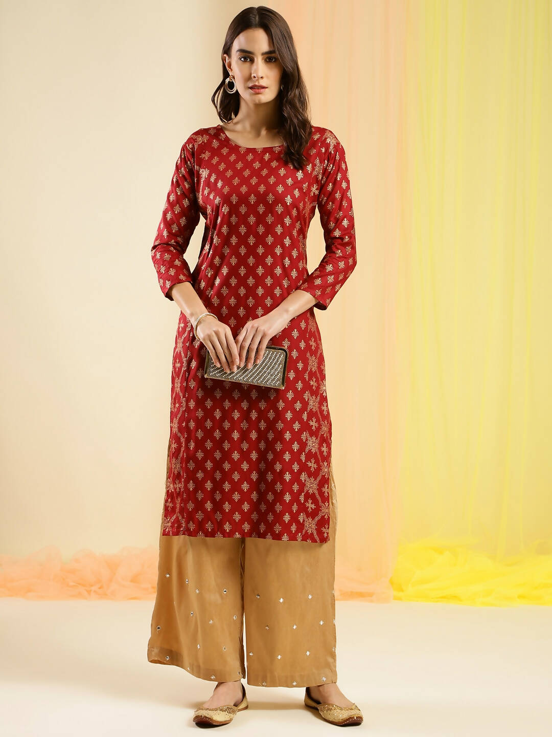 Maroon & Gold-Toned Viscose Rayon Ethnic Motifs Printed Kurta - Mamta | Grocsy