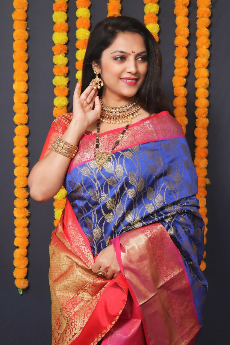 Jyoti Fashion Women's Blue Kanjivaram Silk Zari Woven Saree with Blouse | Grocsy