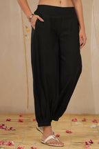 Juniper Women Black Cotton Flex Solid Stylized Dhoti Pant | Grocsy