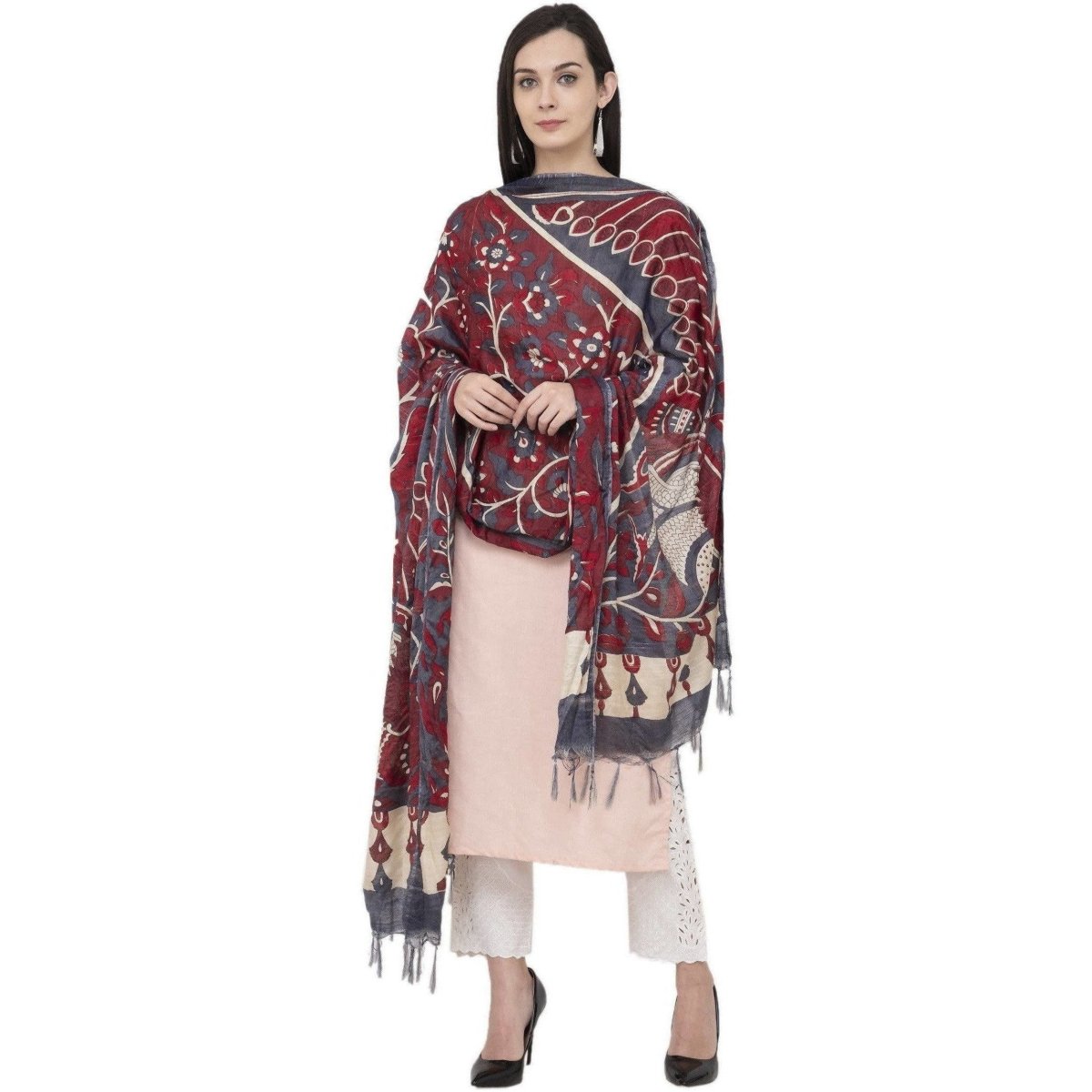 A R Silk Modal Kalamkari Print Fancy Maroon Coloured Dupatta | Grocsy