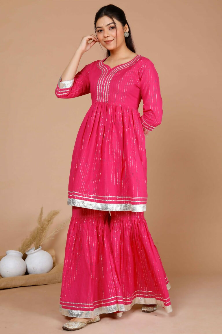 Miravan Women's Pink Printed A-Line Gotta Patti Lurex Cotton Kurti With Sharara | Grocsy