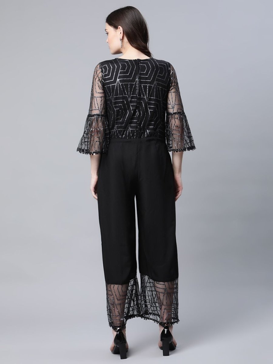 Ahalyaa Womens Crepe & Net Black Printed Jumpsuit | Grocsy