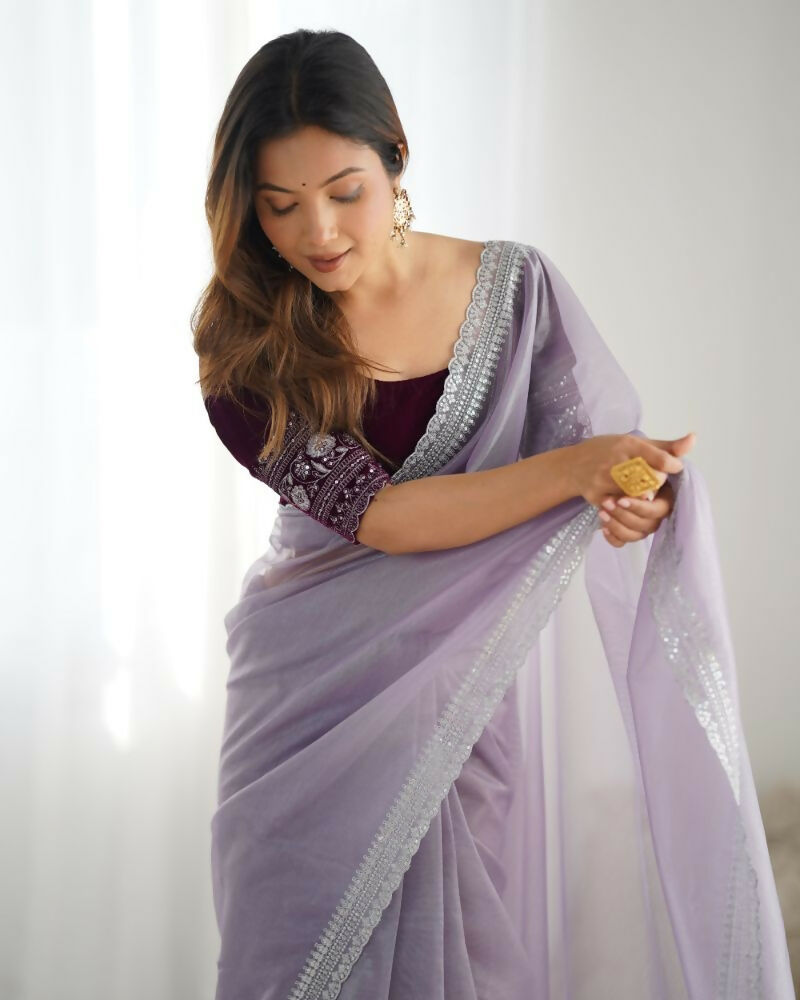 Attrctive Looking Gold Jari, Sequance Embroidery Work Twill Net Party Wear Saree - Lavender | Grocsy