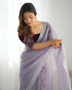 Attrctive Looking Gold Jari, Sequance Embroidery Work Twill Net Party Wear Saree - Lavender | Grocsy