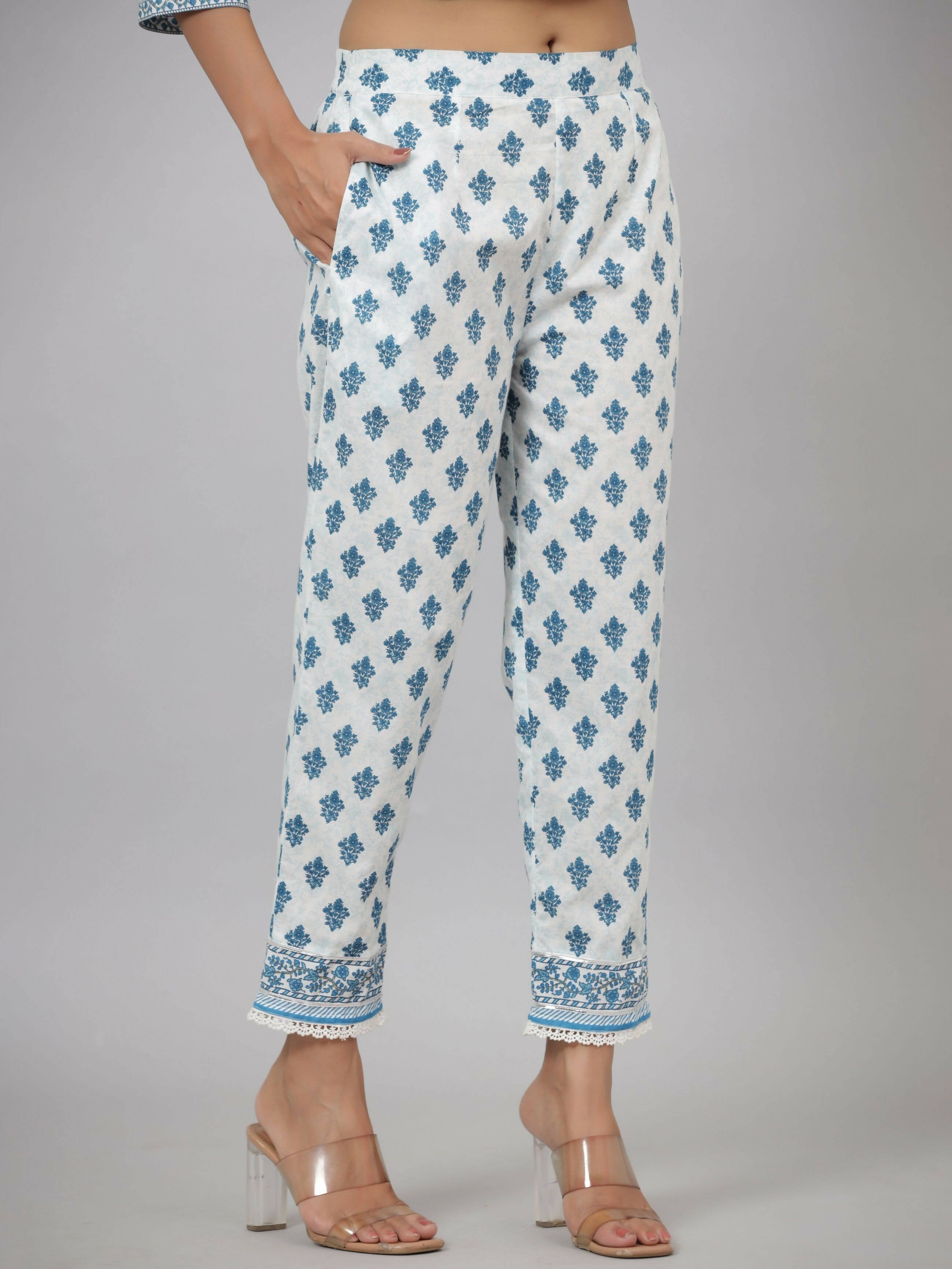 Juniper Women's White Cotton Cambric Solid Kurta Floral Printed Pant & Dupatta Set | Grocsy