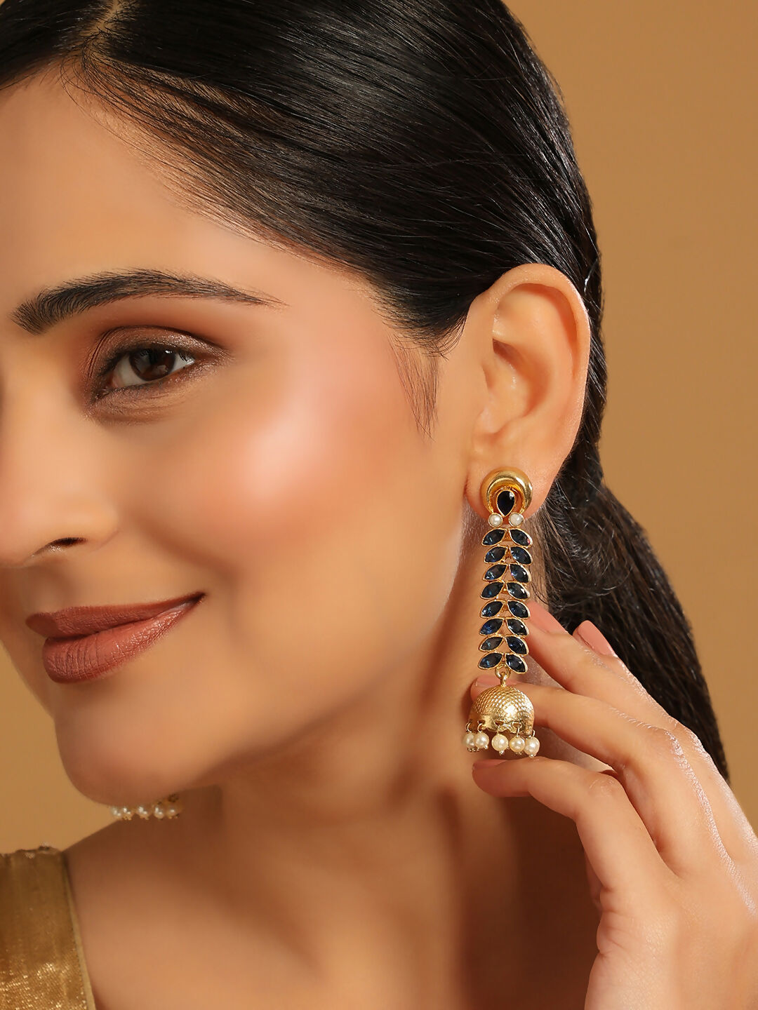 Nuyug 22K Gold-Plated Blue Onyx & Pearl Studded Dome Shaped Jhumkas | Grocsy