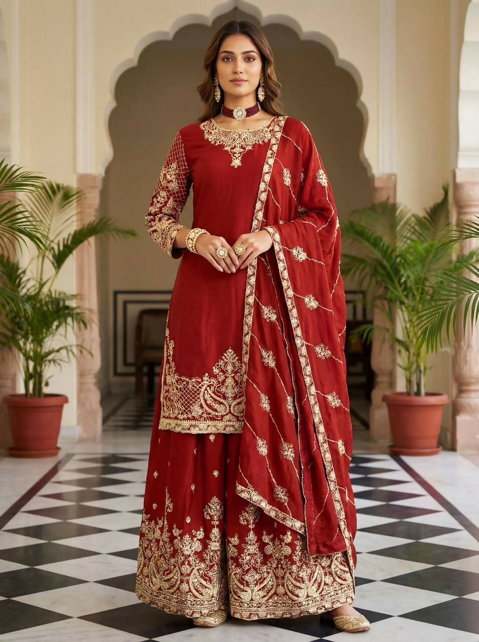 Teeya Creation Red Chinon Silk Designer Wedding Wear Embroidery Work Palazzo | Grocsy