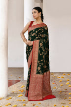 Joban Fashion Green Crepe Chiffon Pure Handloom Banarasi Silk Saree | Grocsy