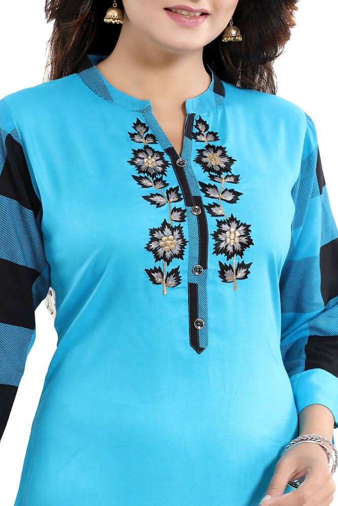 Snehal Creations Rayon Designer Embroidery Blue Tunic | Grocsy