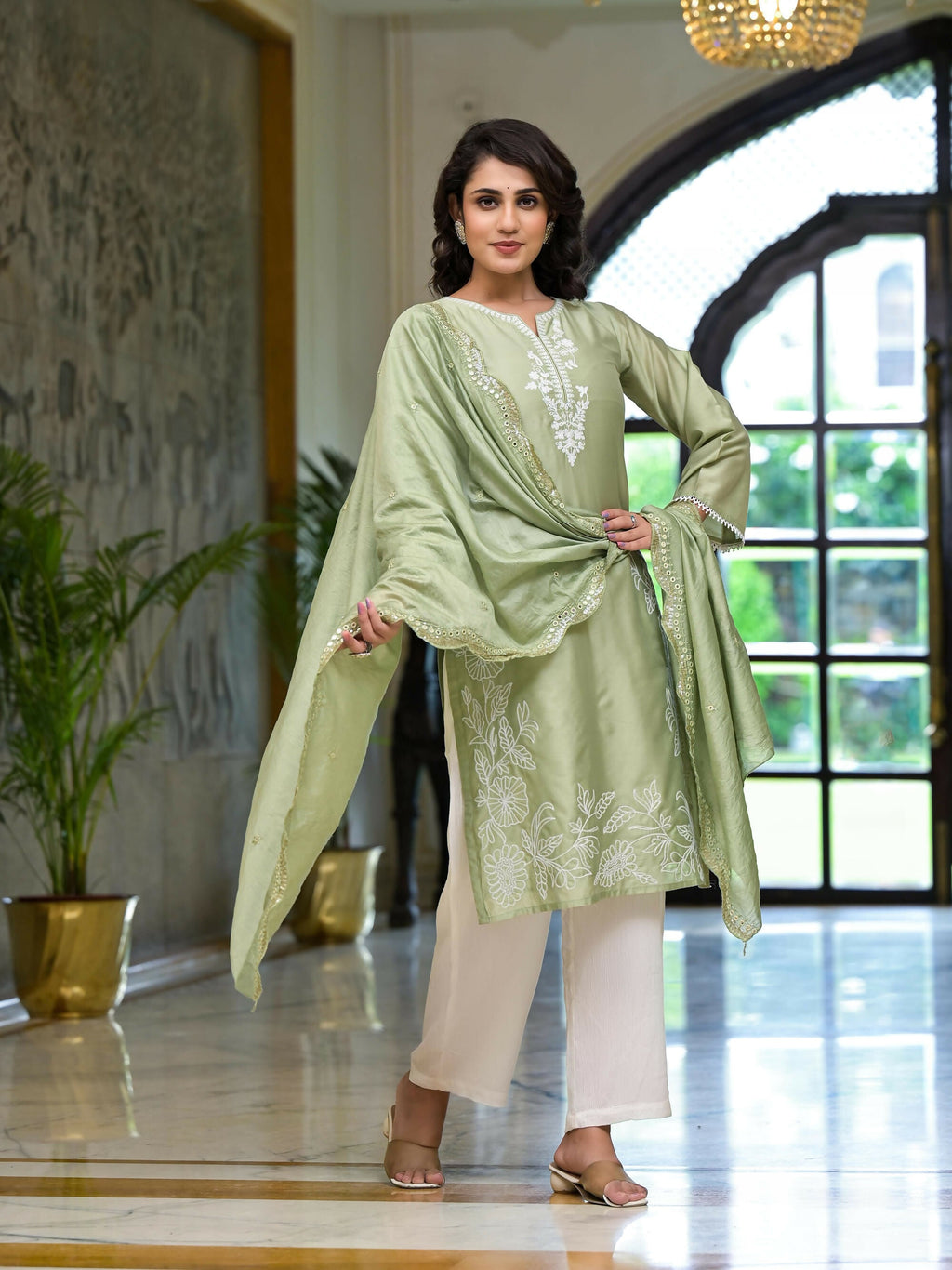 Juniper Women's Olive Thread Embroidered Viscose Kurta Palazzo And Dupatta Set With Thread & Mirror Work | Grocsy