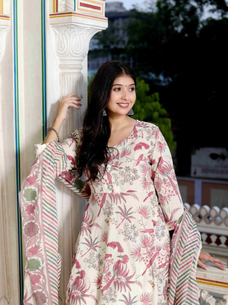 Miravan Women's Light Pink Cotton Birds And Leaf Floral Printed Anarkali Kurta And Dupatta Set | Grocsy