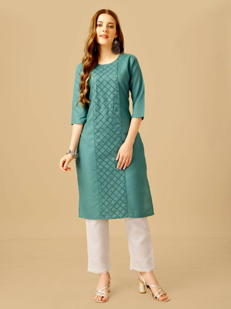 Jyoti Fashion Women's Teal Cotton Blend Embroidered Kurta Pant Set | Grocsy