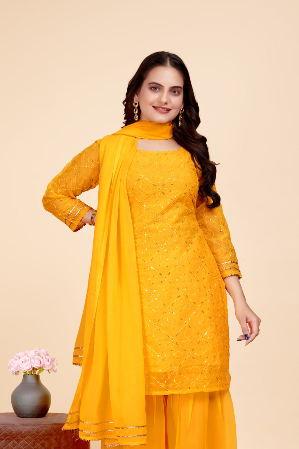 Women's A-Line Yellow Kurta and Sharara With Dupatta Set - A2M | Grocsy
