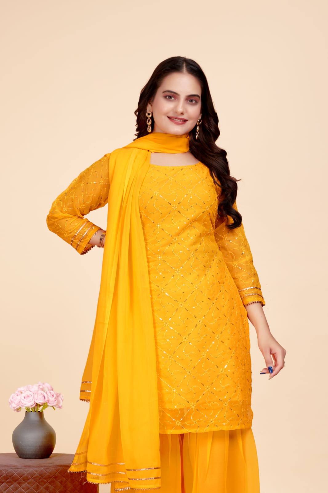Women's A-Line Yellow Kurta and Sharara With Dupatta Set - A2M | Grocsy