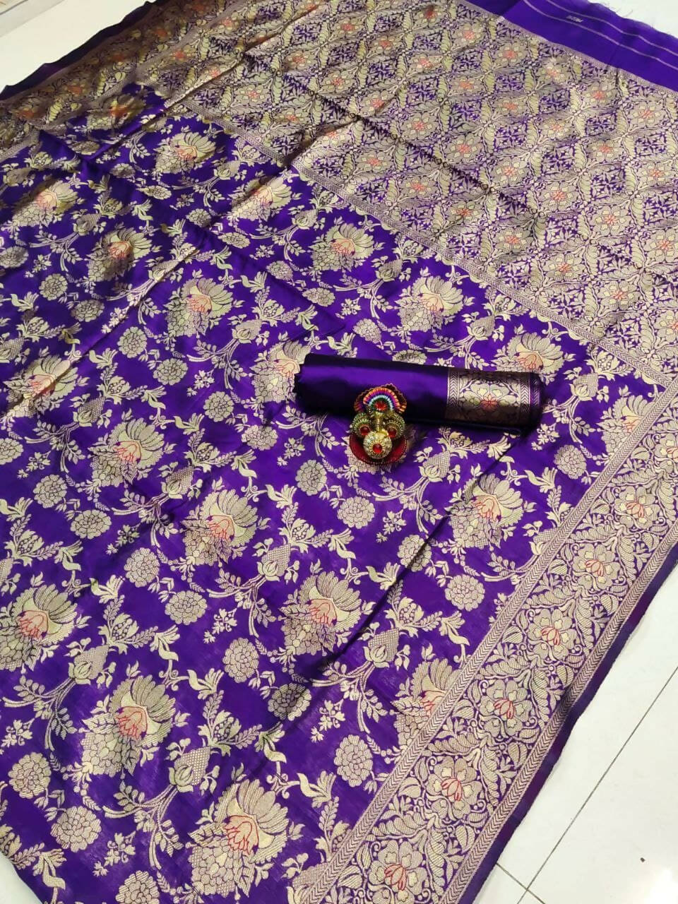 DEIANA'S Beautiful Designer Golden zari Soft Lichi Silk Saree - Purple | Grocsy