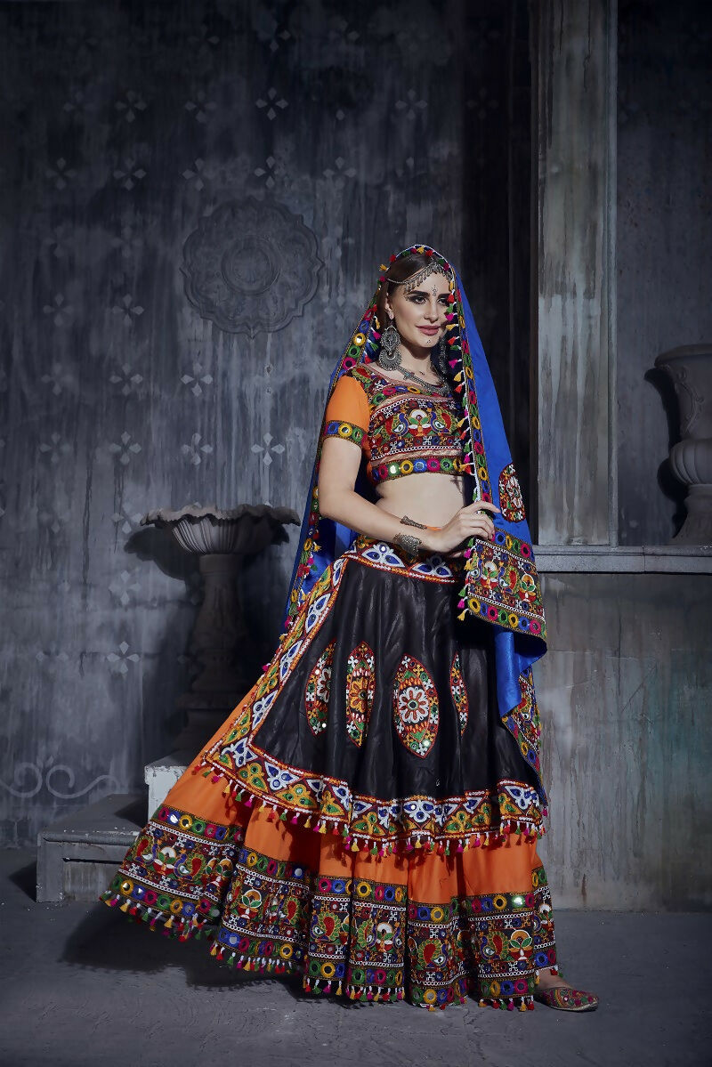 AI Fashion Black-Orange Art Silk Designer Navratri Lehenga Choli Collection | Grocsy