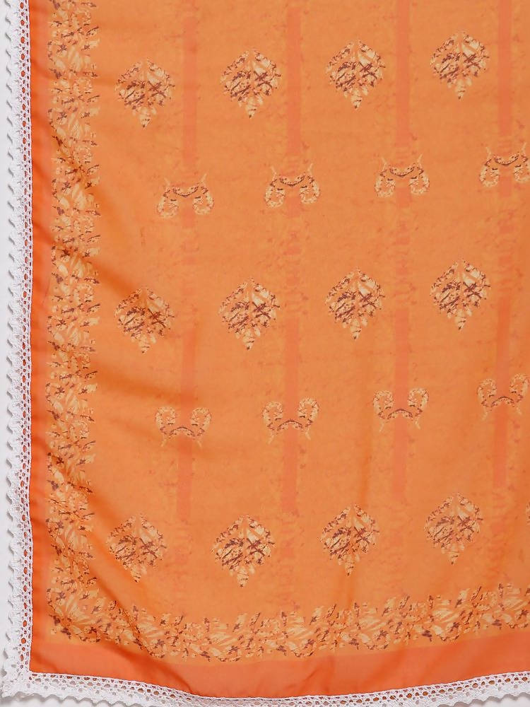 Myshka Women's Orange Cotton Printed 3/4 Sleeve Round Neck Casual Kurta Pant Dupatta Set | Grocsy