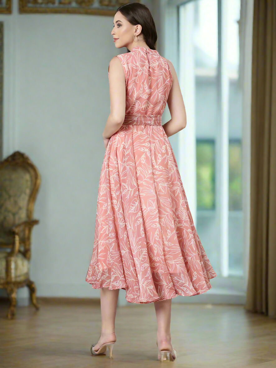 Souchii Peach Floral Chiffon Dress | Grocsy