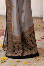 Joban Fashion Grey Crepe Chiffon Pure Handloom Banarasi Silk Saree | Grocsy