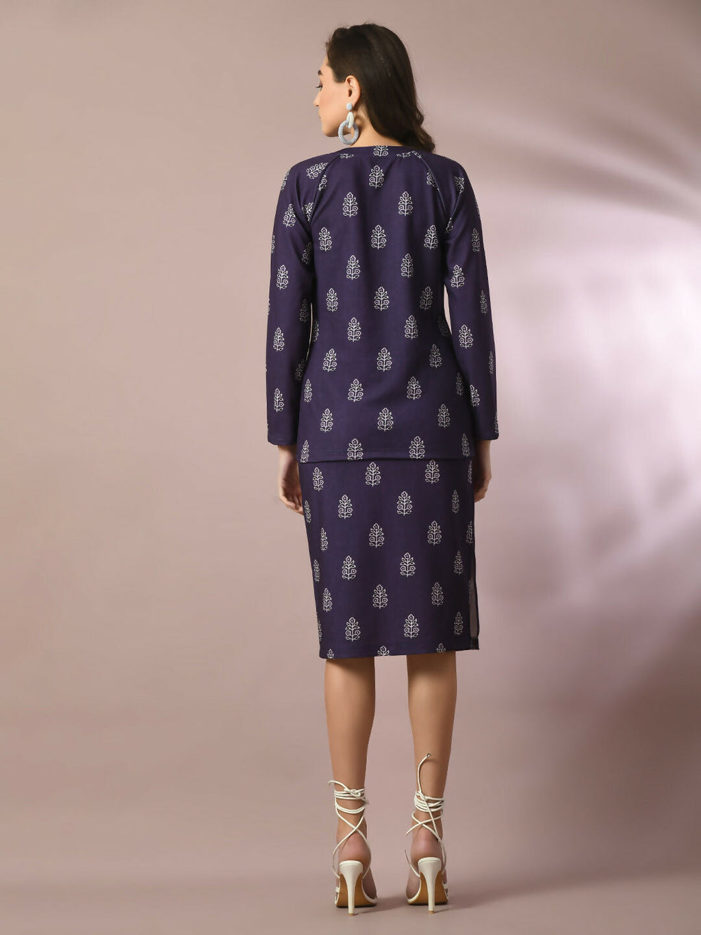 Myshka Women's Navy Blue Printed Knee Length Party Embellished Skirts | Grocsy