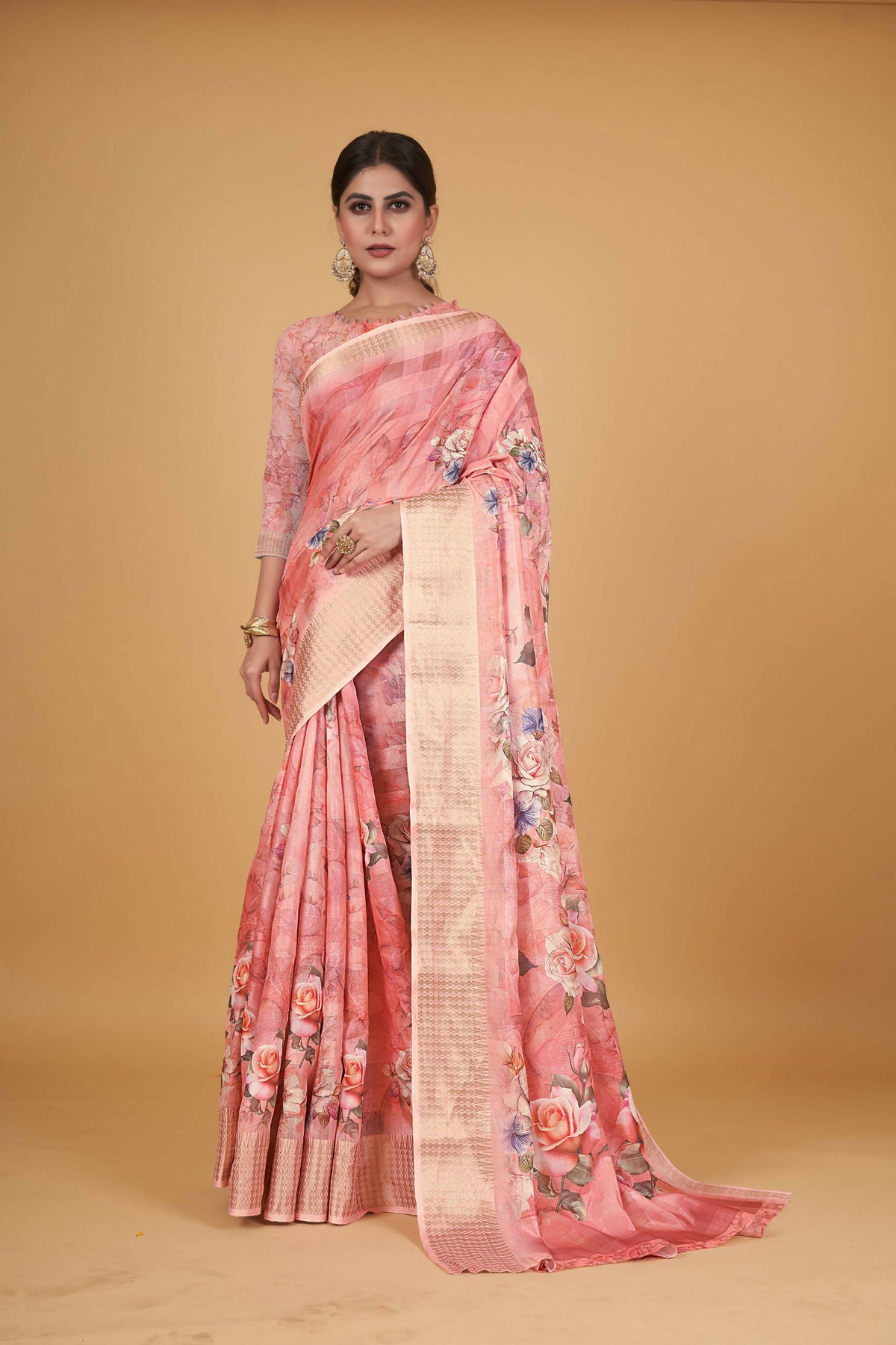 Peach Cotton Silk Digital Printed Saree With Unstitched Blouse Piece - Alisha | Grocsy