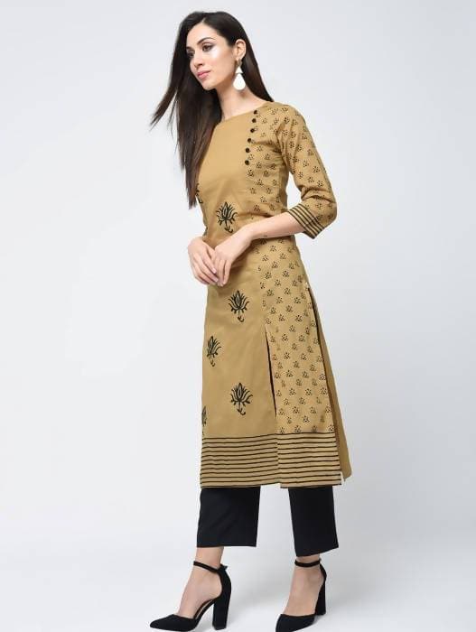 Aniyah Cotton Block Printed Beige Color Front Slit Kurta (AN-117K) | Grocsy