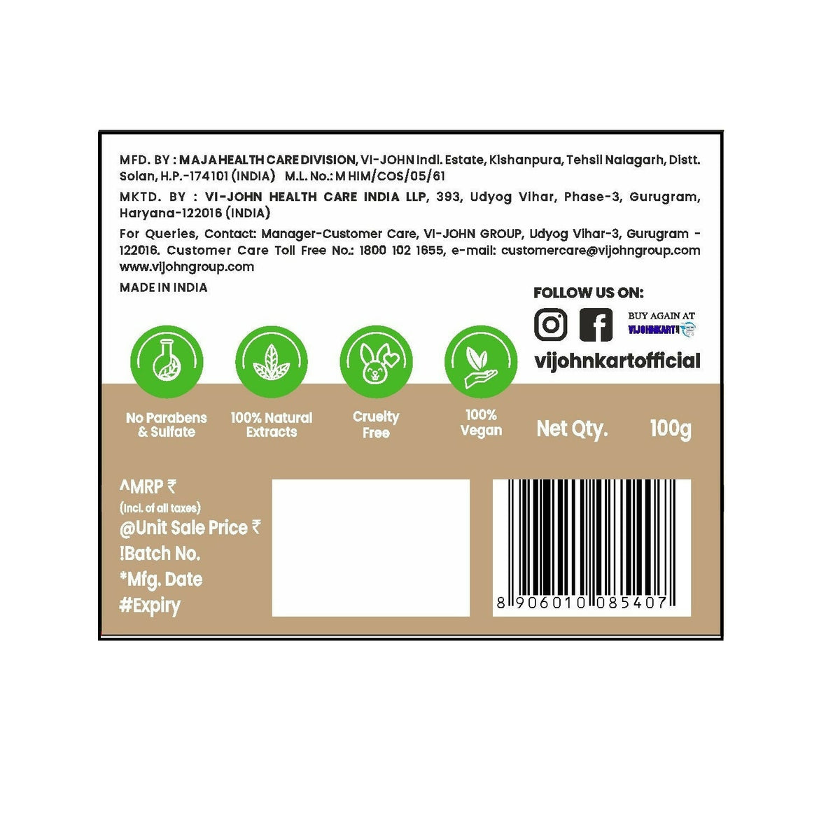 VI-JOHN Prakritik Multani Mitti Face Pack Controls Sebum Made With 100% Natural Bio Actives | Grocsy