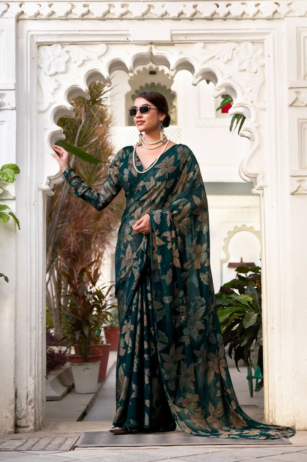 Vastranavya Bottle Green Lurex Brasso Floral Printed Saree with Unstitched Blouse | Grocsy