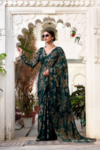 Vastranavya Bottle Green Lurex Brasso Floral Printed Saree with Unstitched Blouse | Grocsy