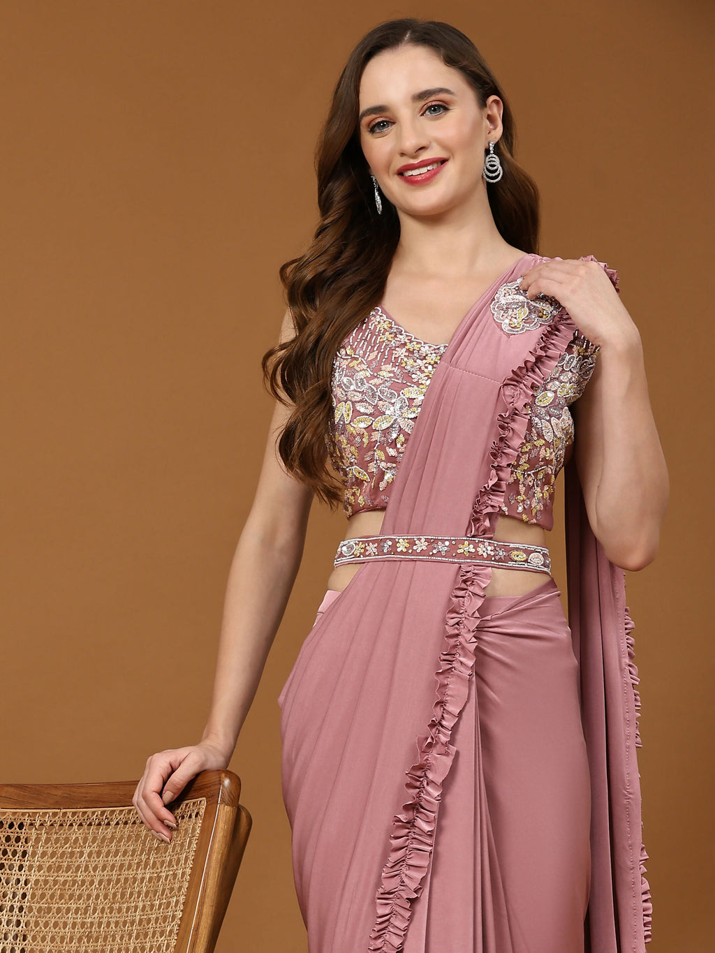 Pink Lycra Solid Ready to wear Saree with stitched Blouse - Vanita | Grocsy