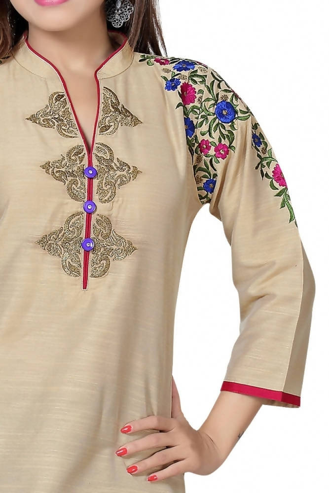 Snehal Creations Beautilicious Beige Embroidery Short Tunic | Grocsy