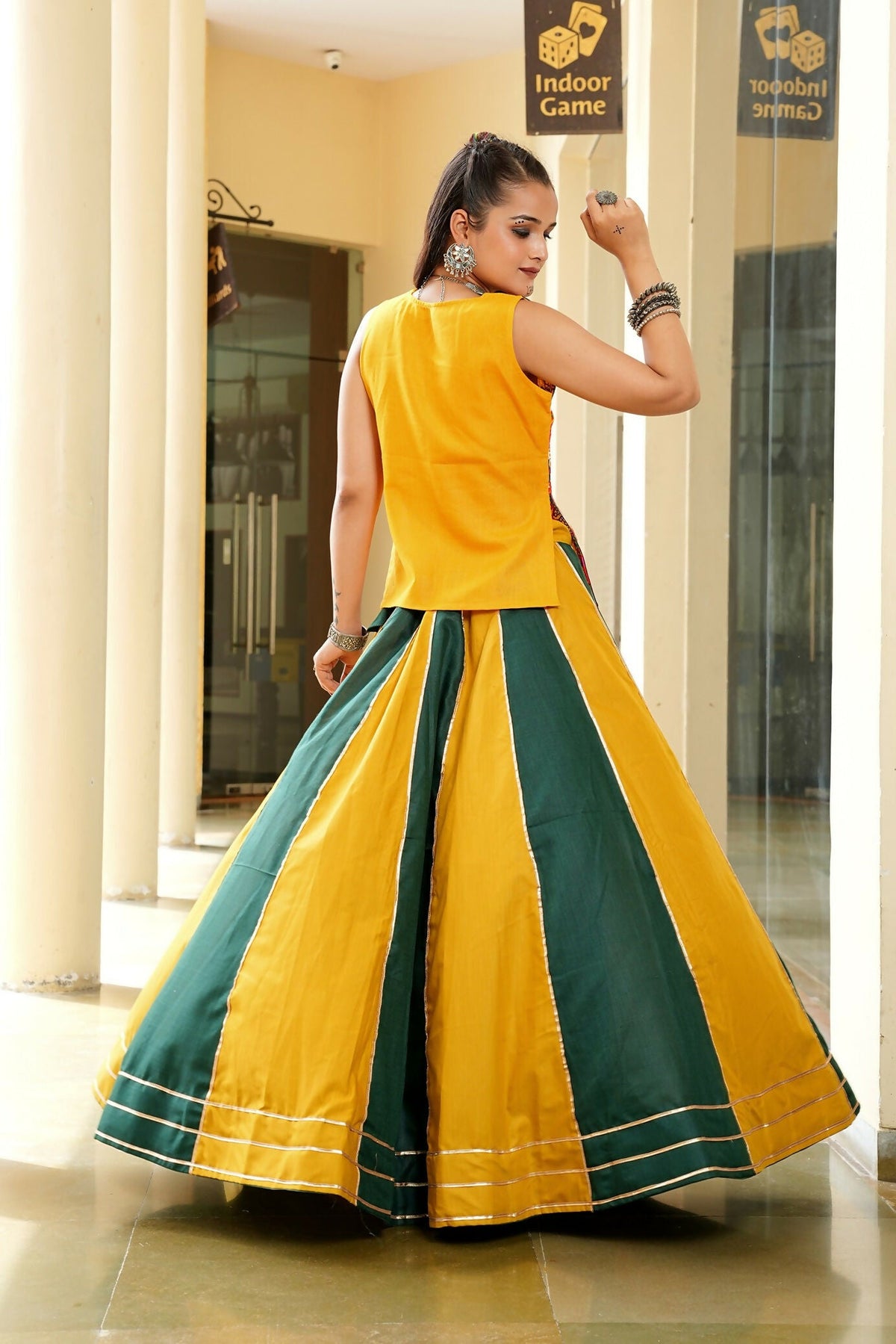 AI Fashion Mustard & Green Cotton Designer Navratri Wear Lehenga Choli Collection | Grocsy