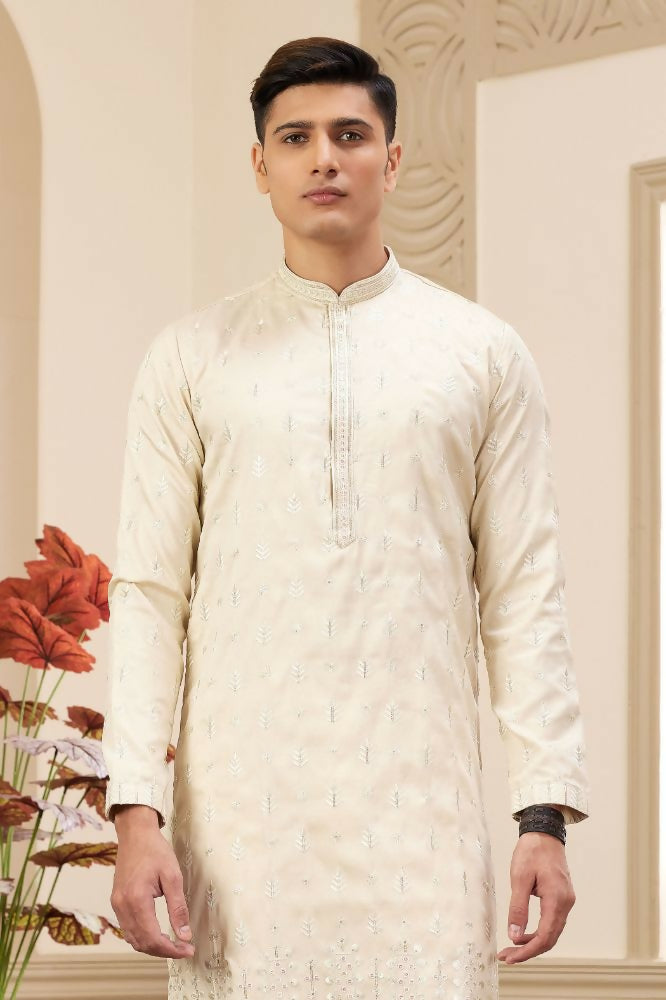 Raivat Ethnic Art Silk Thread Work Kurta Pajama In Beige Colour | Grocsy