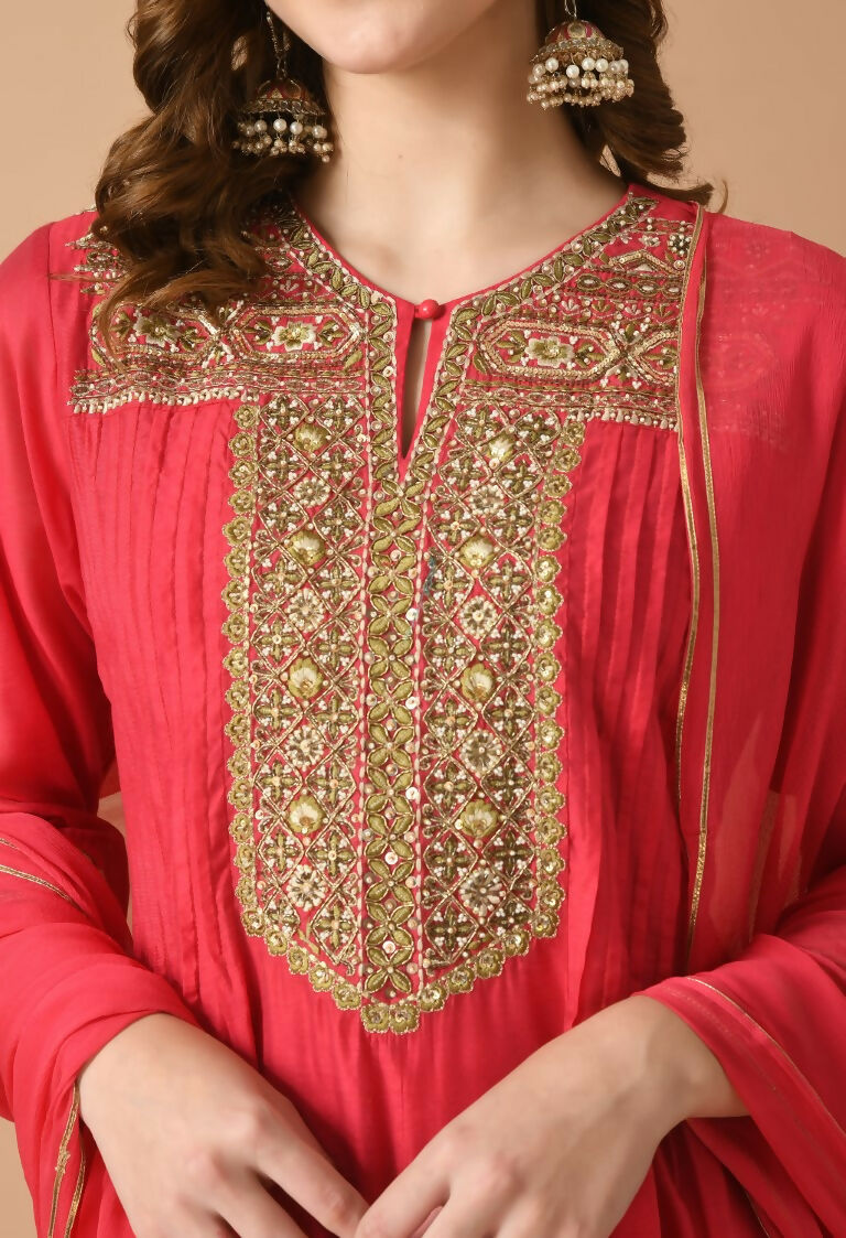 Joban Fashion Red Chanderi Kurta Set | Grocsy