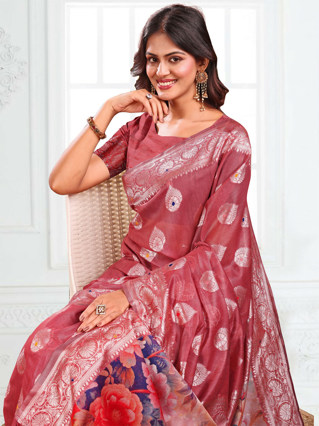 Shree Shyam Fashion Linen Cotton Rust Saree | Grocsy