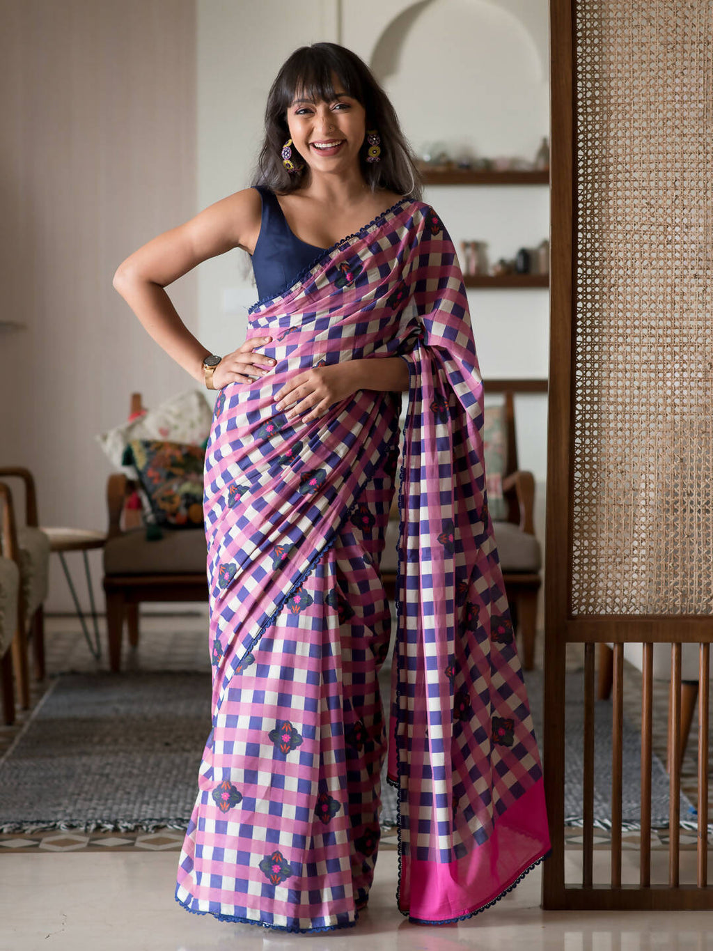 Suta Multi Color Checked Pure Cotton Saree | Grocsy