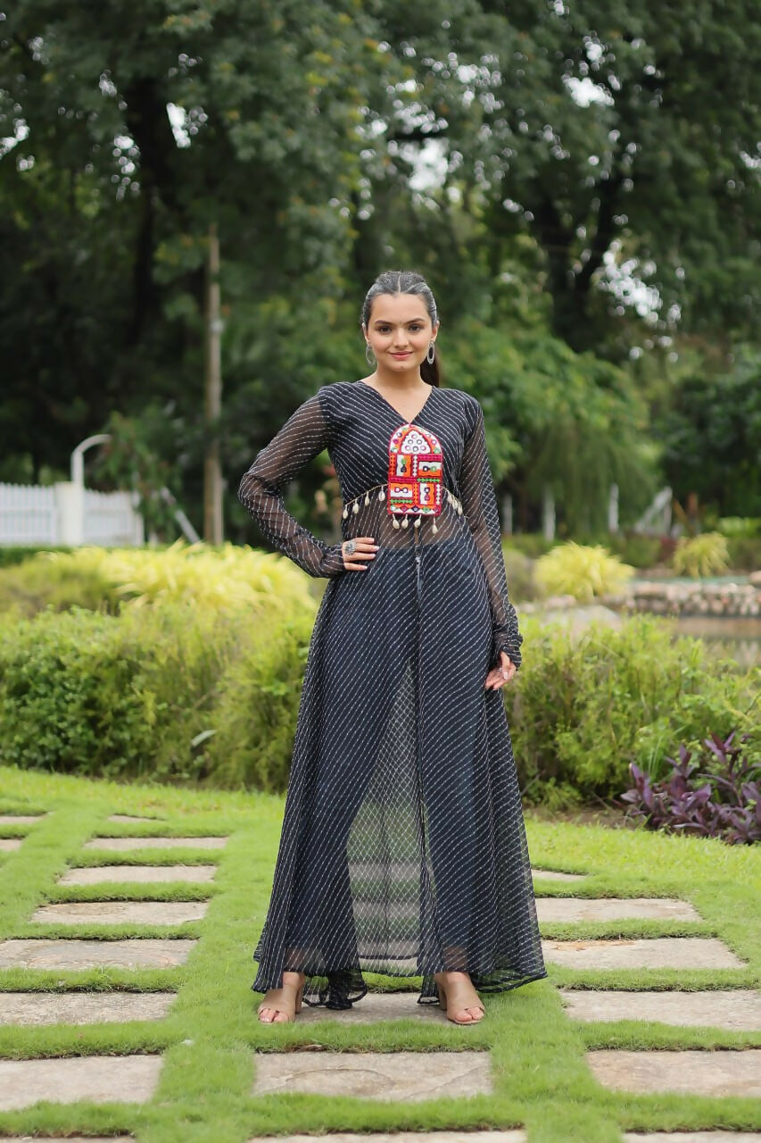 Vastranavya Black Navratri Special Kutchi Patch Work with Leheriya Printed Kurti | Grocsy