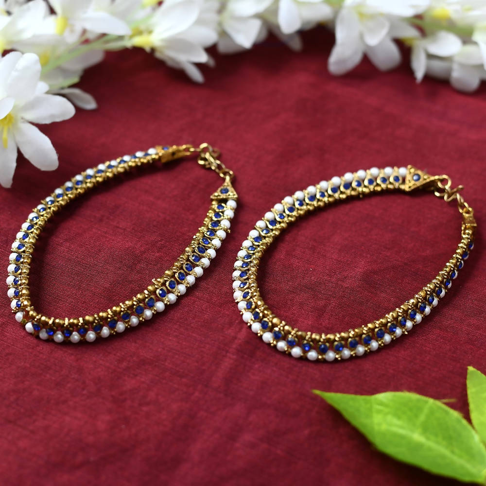 Mominos Fashion Kamal Johar Blue Kundan Anklets | Grocsy