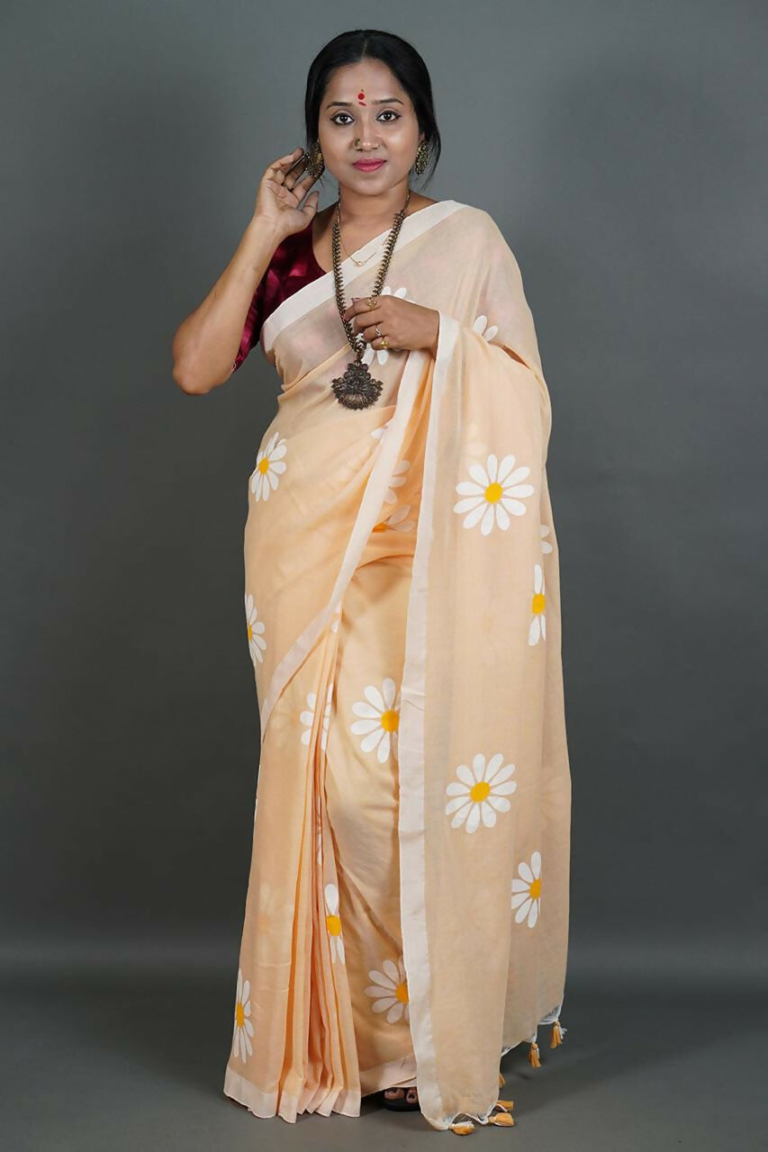 Exclusive Collection Cream Pure Cotton Saree With Sunflower Design | Grocsy