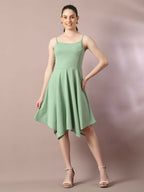 Myshka Women's Sea Green Solid Shoulder Straps Fit and Flare Party Dress | Grocsy