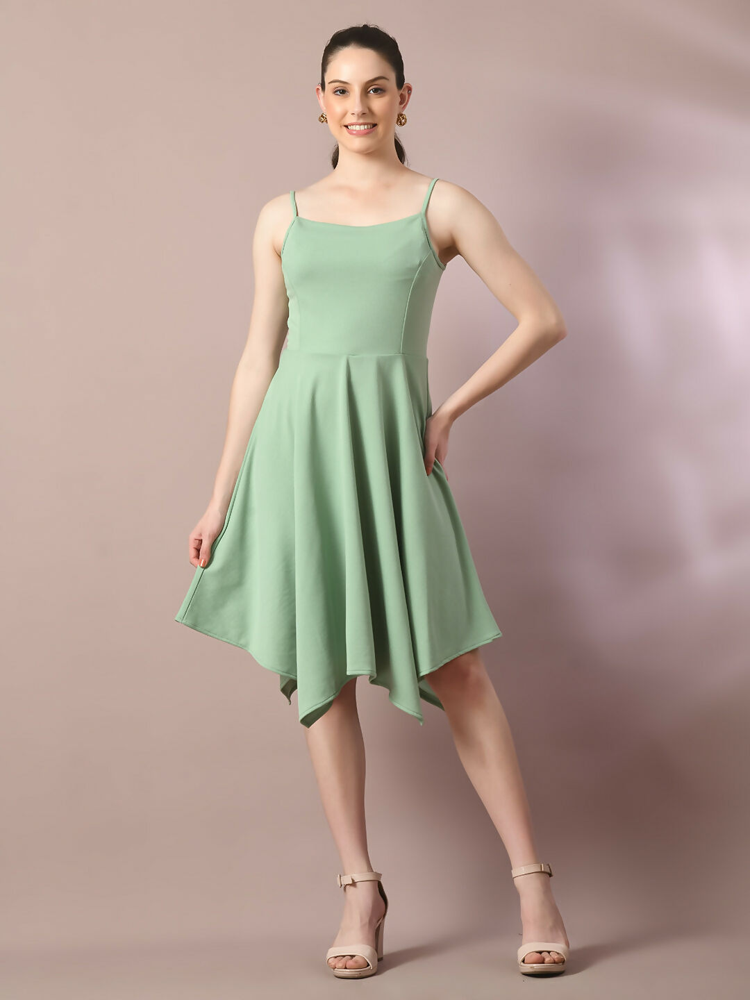 Myshka Women's Sea Green Solid Shoulder Straps Fit and Flare Party Dress | Grocsy