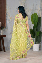 Vastranavya Soft Crush Georgette With Embroidery and Foil Multi Thread Work Saree - Light olive | Grocsy