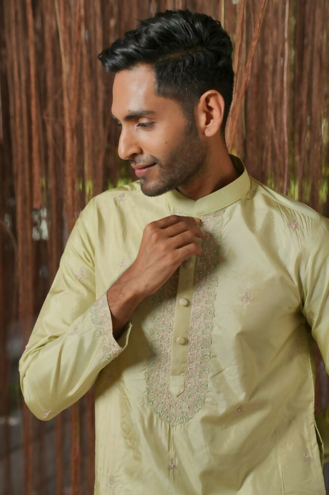 Olive Kanjivaram Machien Embroidered Pattu Set by Hilo Design | Grocsy