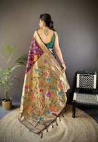 Joban Fashion Wine Zari Woven Floral Motifs Soft Silk Paithani Silk Saree | Grocsy