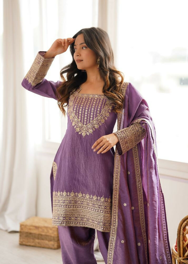 Teeya Creation Mauve Purple Afghani Salwar Suit Set With Elegant Zari Border | Grocsy