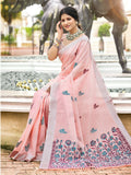 Sangam Prints Pink Linen Woven Work Traditional Saree | Grocsy