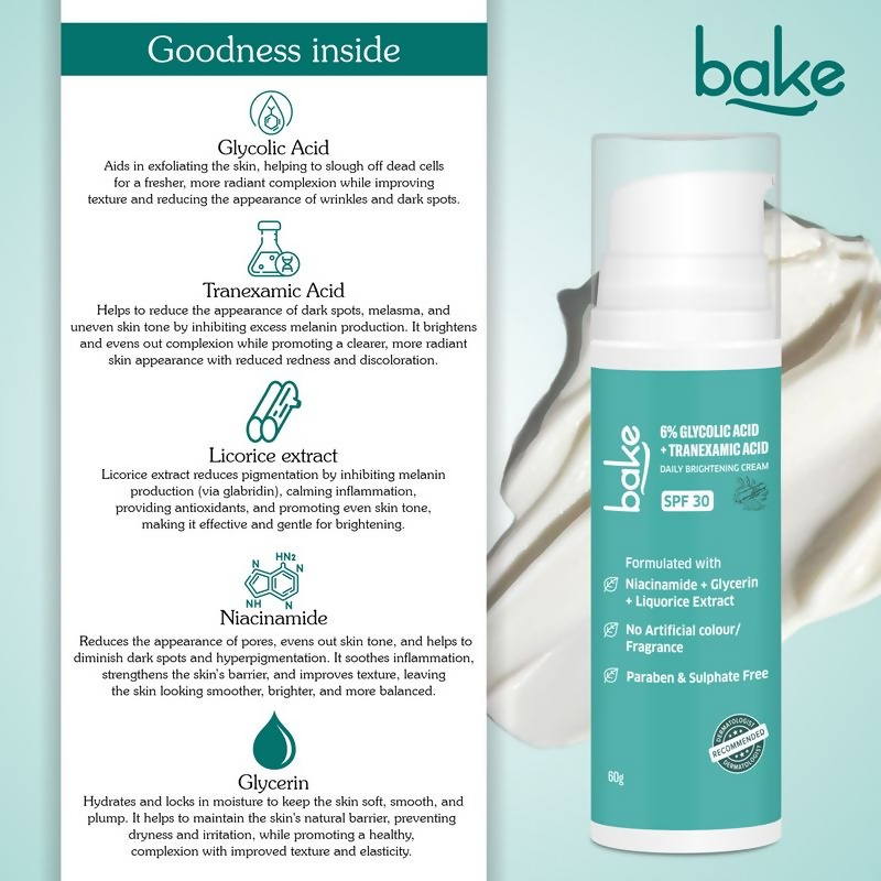 Bake 6% Glycolic + Tranexamic Acid Cream Spf 30 Pa+++ For Pigmentation & Daily Brightening Cream | Grocsy