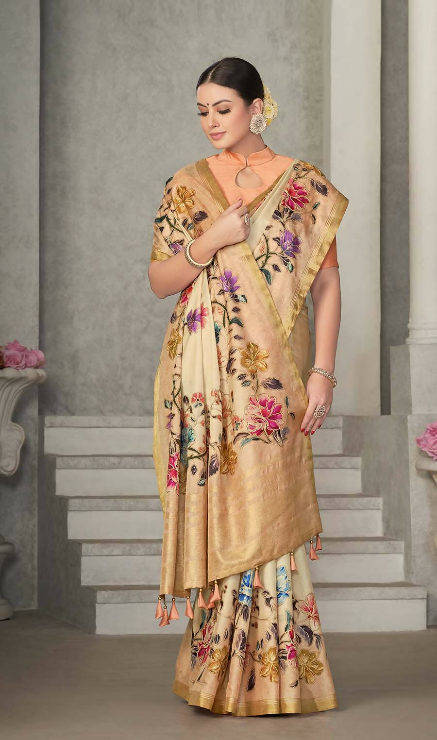 Beige Rangkat Tussar Silk Woven Design Saree with Unstitched Blouse - Mohmanthan Eshani | Grocsy