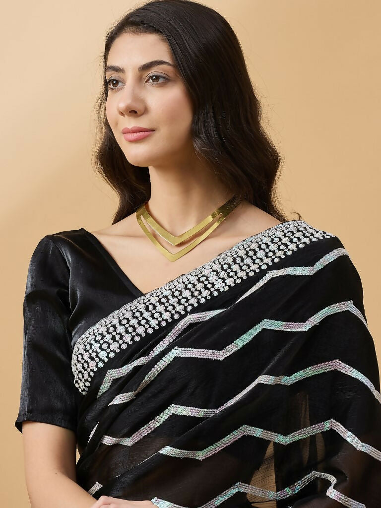 Black Tissue Slub Embroidered Saree with Unstitched Blouse - Vairagi | Grocsy